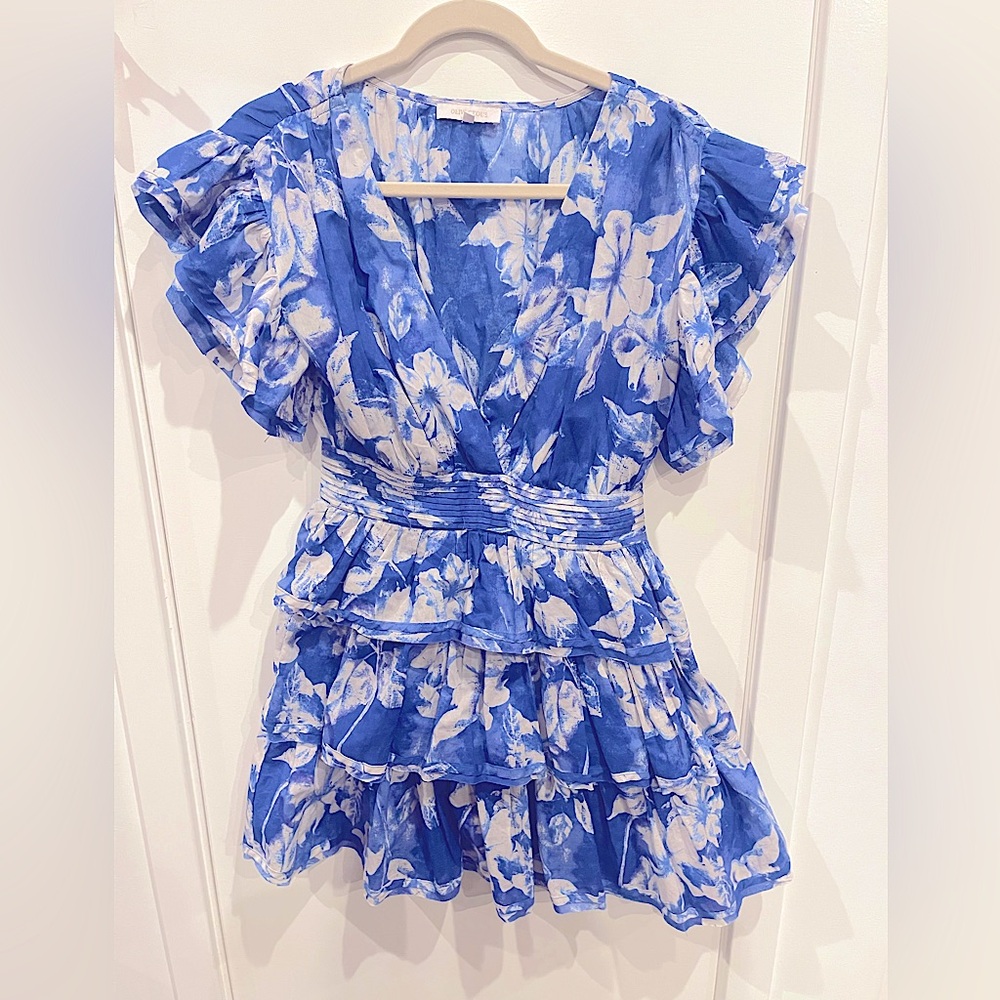 Olivaceous Floral Blue Ruffle Dress